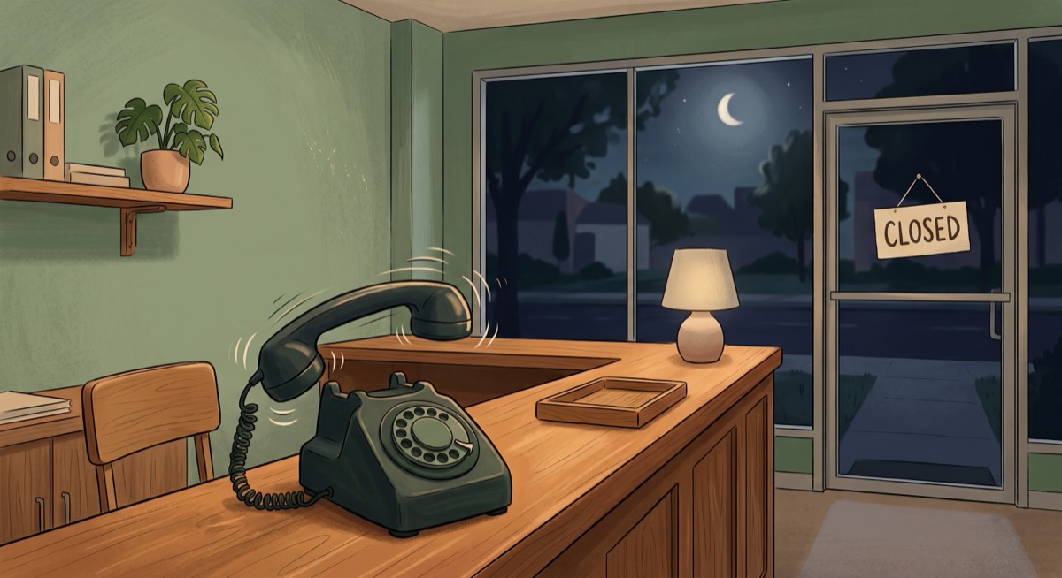 A quiet clinic reception desk at night with an old phone mid-ring and a closed sign visible on the door, symbolizing a missed after-hours call