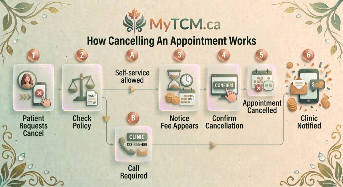 Diagram of how cancelling an appointment works in MyTCM, showing the self-service cancellation policy check