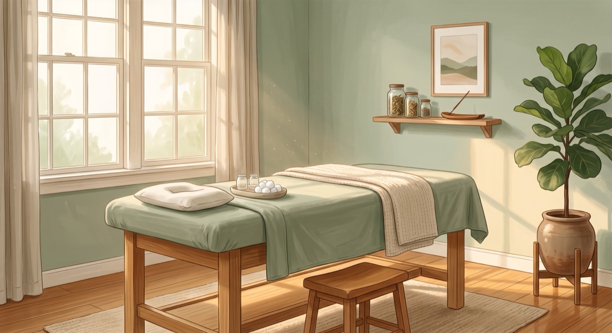 An empty acupuncture treatment table in a calm, softly lit clinic room, symbolizing a missed appointment