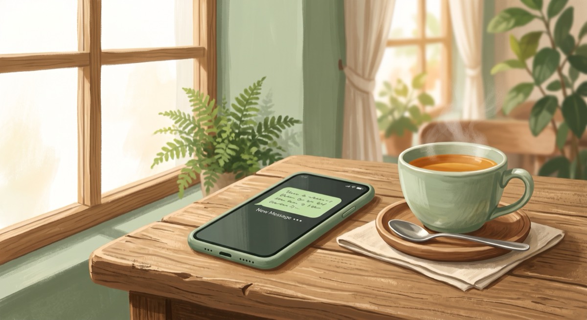 A smartphone on a wooden table showing a text message reminder notification, next to a cup of tea