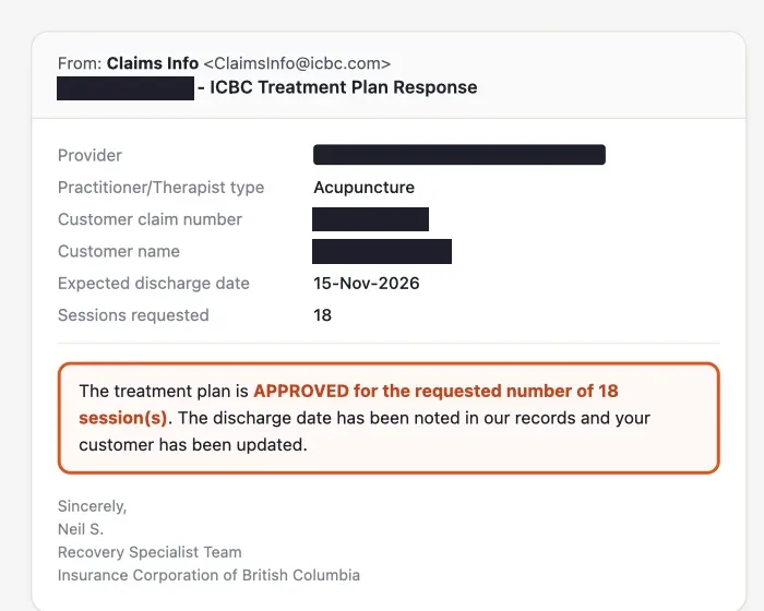 Redacted ICBC treatment plan approval, patient one
