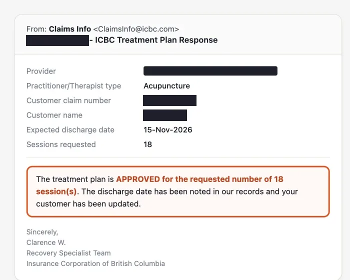 Redacted ICBC treatment plan approval, patient two