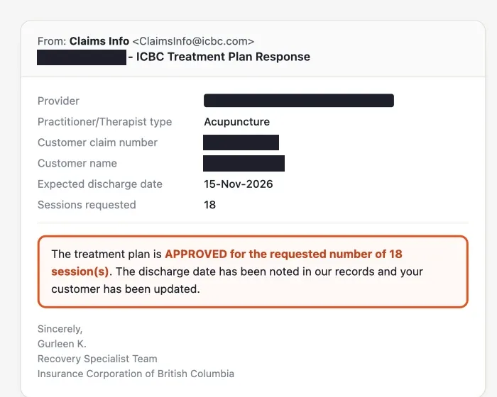Redacted ICBC treatment plan approval, patient three